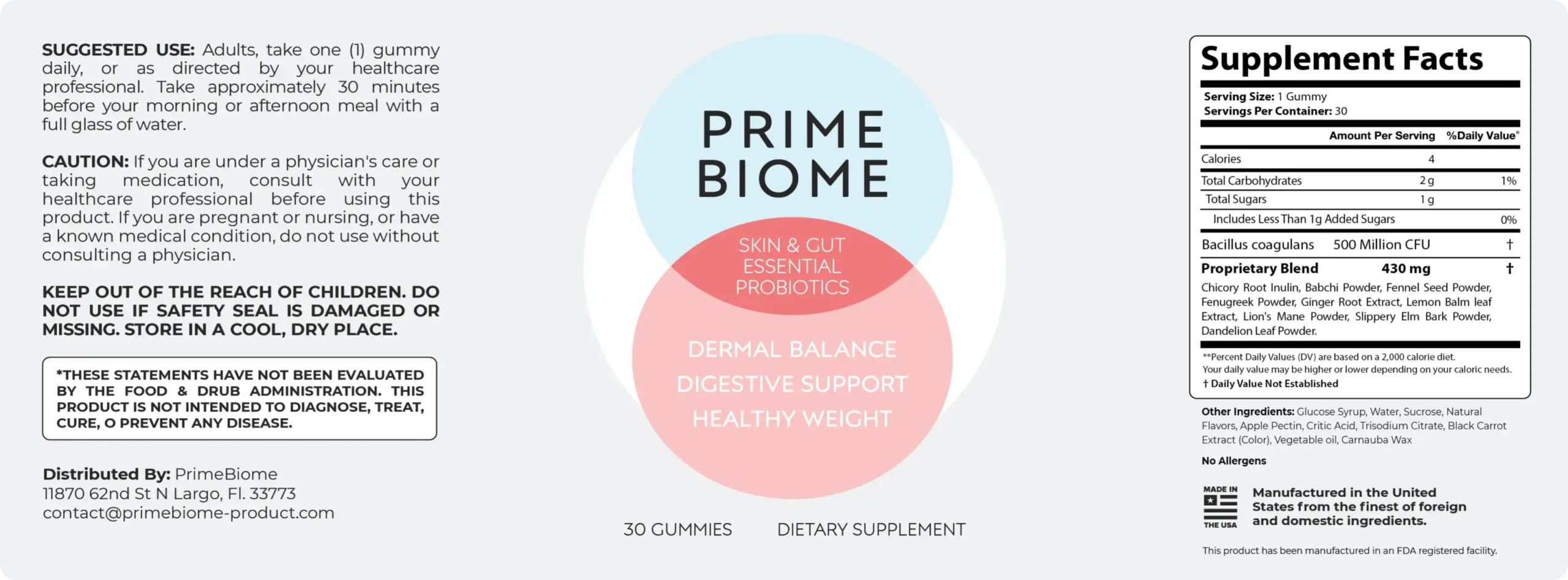 PrimeBiome supplement facts and ingredient label