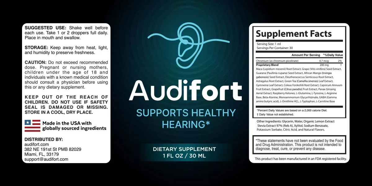 AudiFort supplement facts and ingredient label