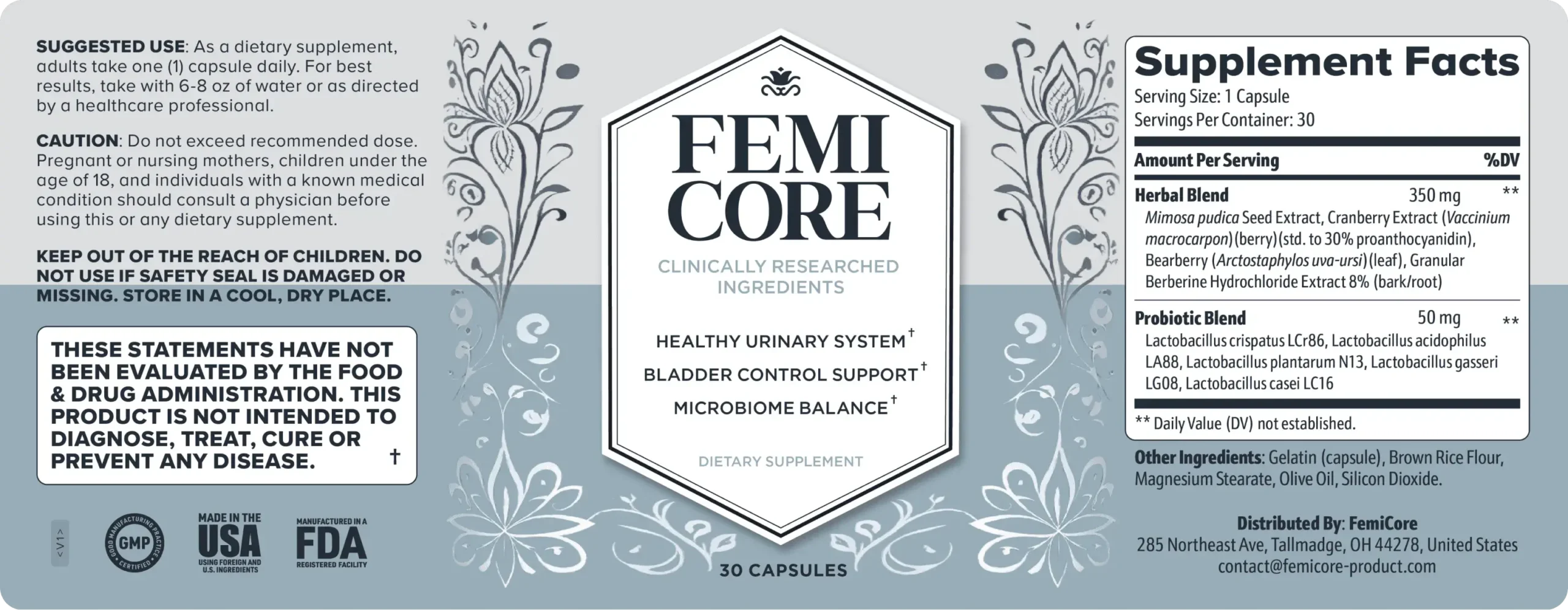 FemiCore product label showing supplement information